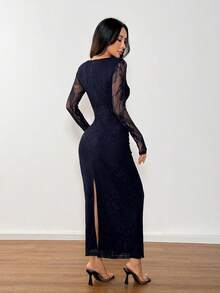 SHEIN PETITE Women's New Summer Party Date Evening Sexy S-Shaped Lace Long-Sleeved Breast Cup Fishbone Square Neck Tight Bodycon Black Maxi Dress,Wedding Guest Dress Women,Dresses For Women Elegant,New Year Dress ,Elegant Party Dresses - Navy Blue - View 2