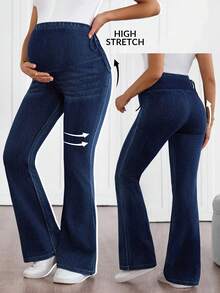 SHEIN 孕妇纯色系腰时尚喇叭百搭夏季牛仔裤 - 藍色 - 查看 1