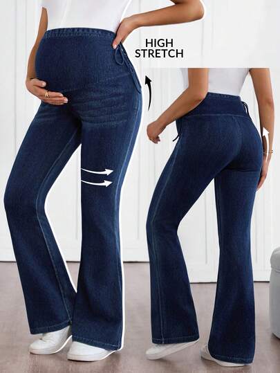 SHEIN 孕妇纯色系腰时尚喇叭百搭夏季牛仔裤