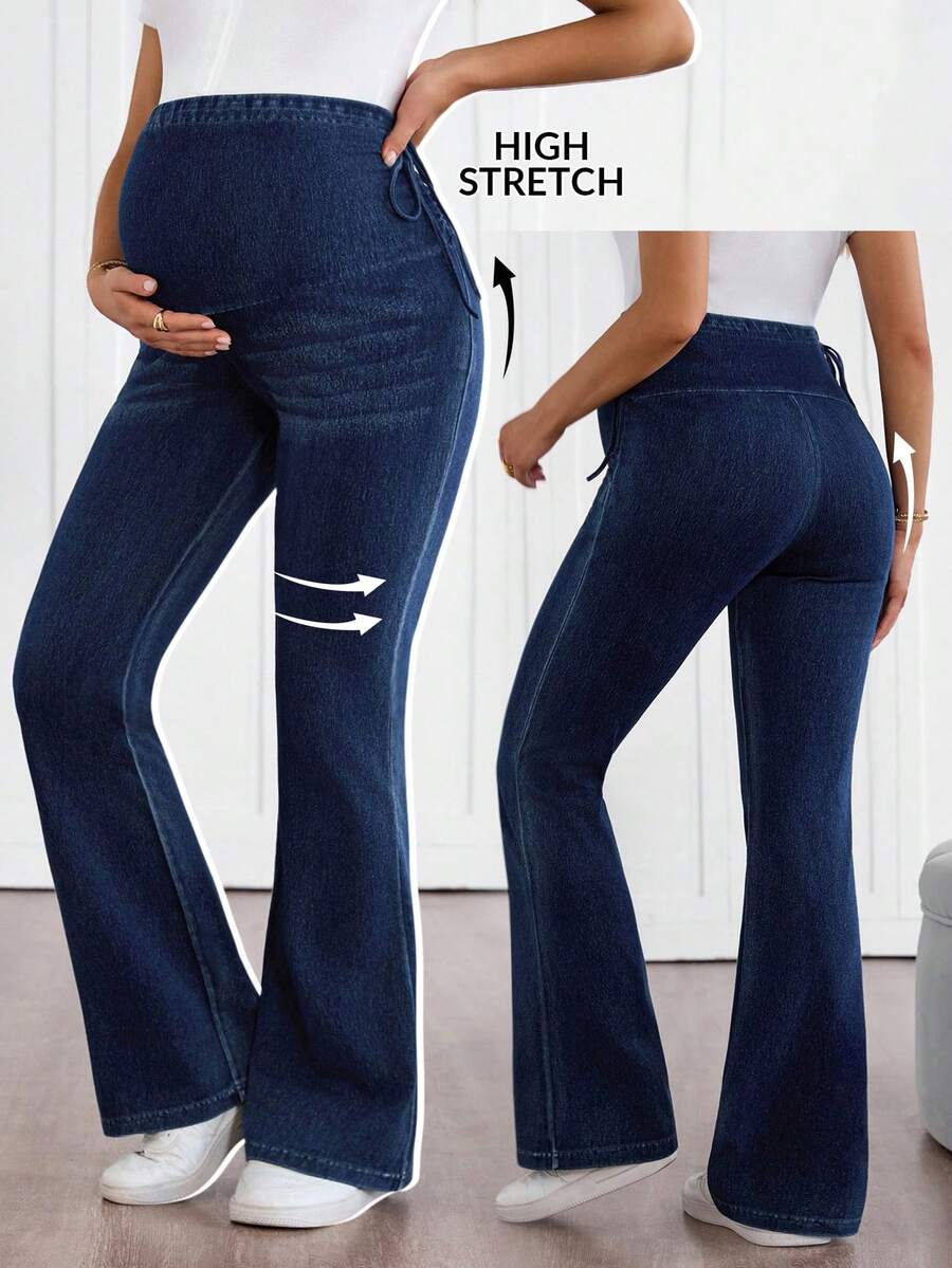 SHEIN 孕妇纯色系腰时尚喇叭百搭夏季牛仔裤 - 藍色 - 查看 1