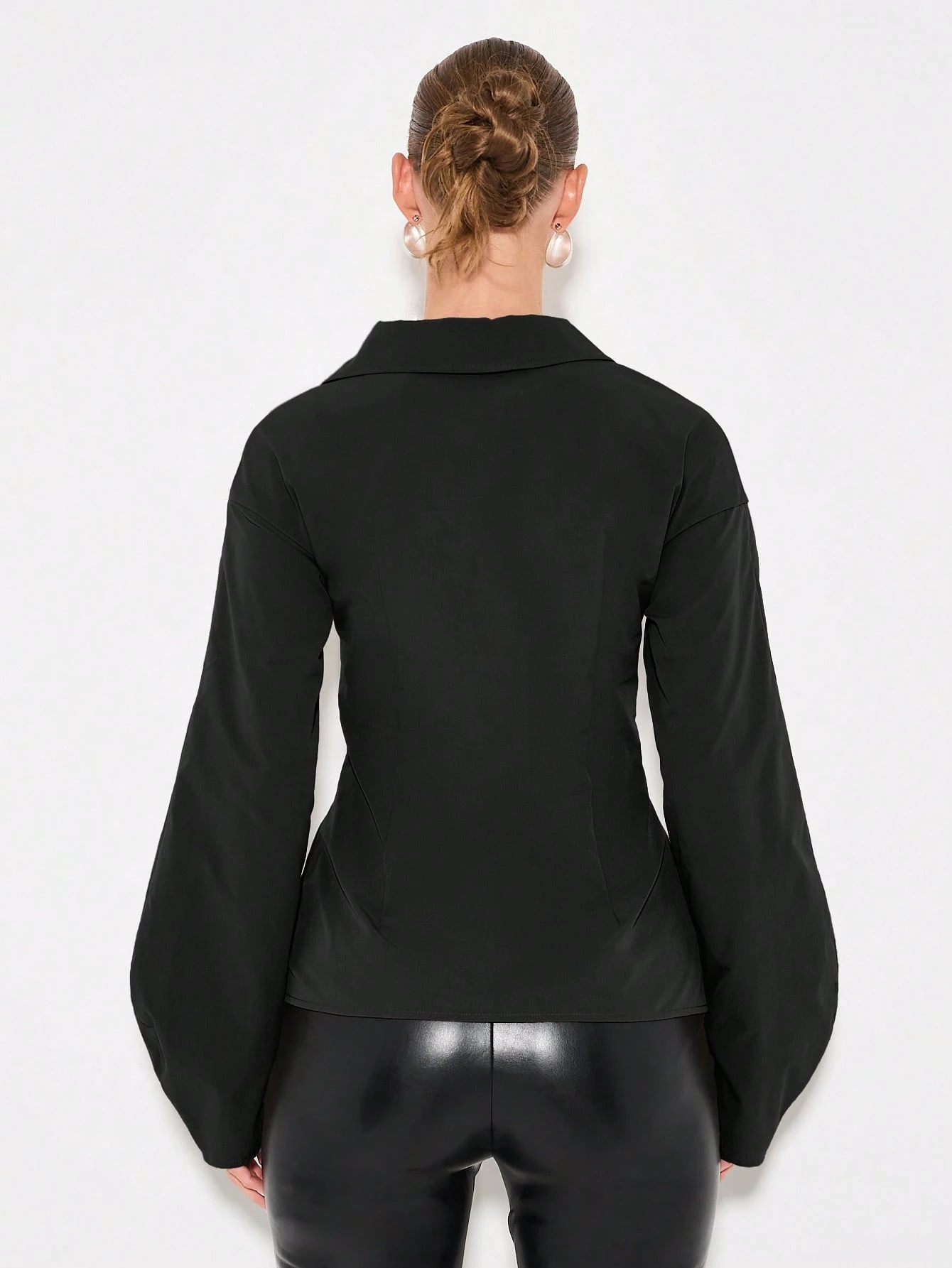 KIZN Structured Poplin Button Down Blouse With Puff Sleeves And Asymmetrical Hem For Professional Wear