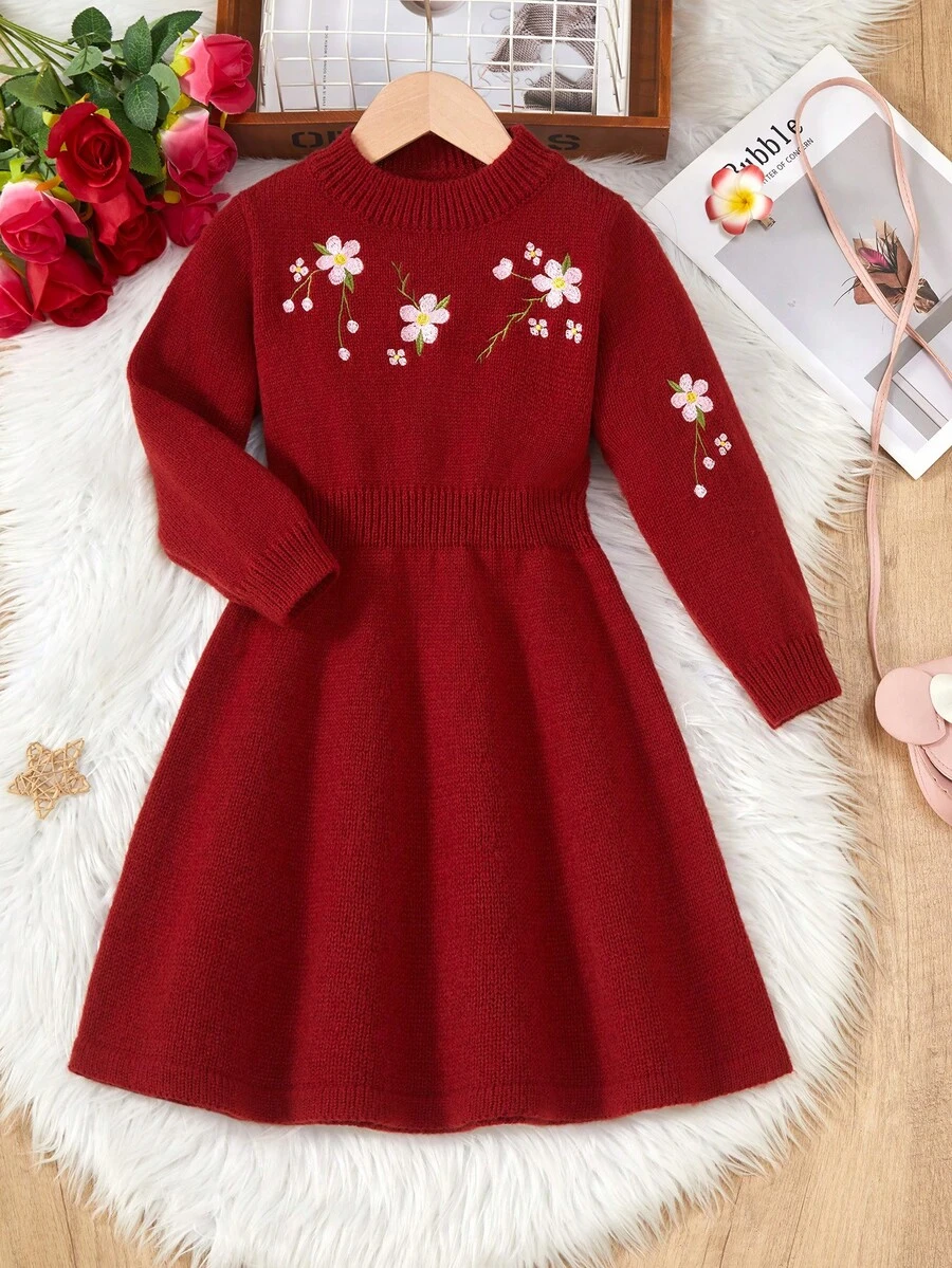 SHEIN Vintaside Kids 新款时尚高领绣花腰部时尚袖子刺绣休闲针织毛衣裙,适合女孩,适合派对、郊游、度假和秋冬季日常穿着 - 紅色 - 查看 1