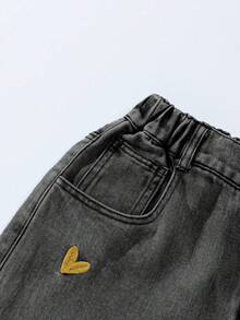 ChillGRL Tween Girls Jeans - 新款时尚雪花水洗做旧刺绣阔腿牛仔裤，爱心刺绣彩色爱心可爱刺绣阔腿裤，女童宽松阔腿牛仔裤，浅蓝色，适合圣诞节、新年、情人节、日常穿着、上学 - 灰色 - 查看 3