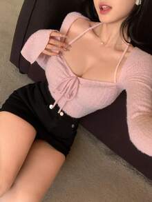 DAZY 女士长袖纹理毛绒系带领口抽绳喇叭袖上衣，粉色，秋冬Y2K风格 - 西瓜粉 - 查看 9