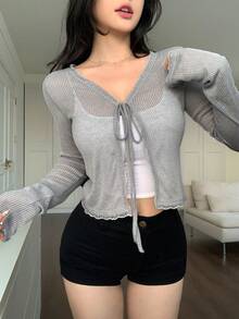 DAZY 女式蕾丝拼布抽绳长袖衬衫，适合秋季、春季和夏季 - 霧霾藍 - 查看 5