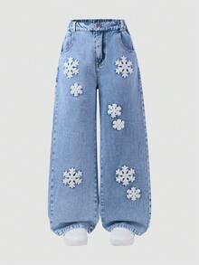 ChillGRL Tween Girls New Fashion Distressed Snowflake Embroidered Wide-Leg Jeans Snowflake Jeans Embroidered Jeans Jean Pants Embroidery Christmas Clothes Jeans With Bows Flower Jeans Tween Jean Pants Embroidery - Light Wash - View 3