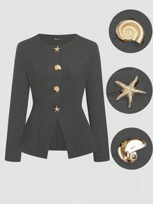 SHEIN Sweetro Plus Size Casual Commuter Metal Buckle Decor Jacket - Dark Grey - View 3