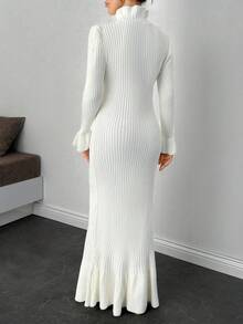 RueChic Women's Cute Ruffle Detailed Hem Cuff And Neck Long Sleeve Ribbed Knit Pattern Long Maxi Dress Winter Chic Knitwear Dress - White - View 3