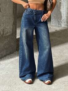 EURMUSE RueChic VINTAGE WASH HIGH WAIST WIDE LEG CUT ASYMMETRIC BELT DETAIL - Medium Wash - View 5