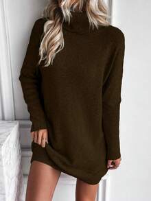 EMERY ROSE Women's Solid Color Turtleneck Batwing Long Sleeve Casual Loose Knit Sweater Dress, Autumn/Winter - Brown - View 7