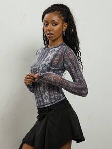 COUREZ Long Sleeve Fitted Semi Sheer Mesh Top In All Over Print /Y2K Fall Winter Going Out Tops Going Out Party Party Top New Year Sexy - Dark Grey - View 4