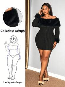 Hourglow Christmas Plus Size Elegant Commuter Fuzzy Patchwork Off-Shoulder Fitted Dress