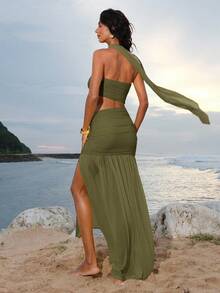 Opulessa 女士纯色针织镂空设计修身开衩连衣裙 - 軍綠色 - 查看 2