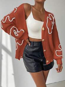 SHEIN Unity Women's Contrast Color Applique V-Neck Button Front Long Sleeve Cardigan - Orange - View 6