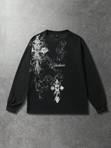 ROMWE MEN Spring Casual Graphic Men'S Gothic Cross Print Waffle Fabric Pullover Sweatshirt, Autumn/Winter - Black - View 5