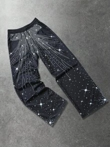 ROMWE MEN Street Life 男式弹性腰带印花仿水钻运动裤 - 黑色 - 查看 3