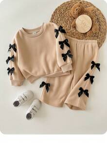 SHEIN 2件套女婴可爱针织灰色蝴蝶结长袖运动衫和裤子套装 - 杏色 - 查看 3