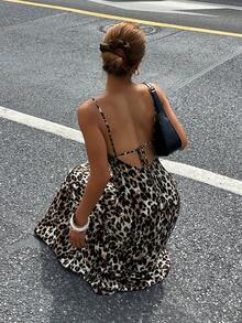 DAZY 女士露背系带深V领修身连衣裙，夏季吊带裙 - 棕色 - 查看 6