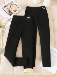 SHEIN 2件套少女休闲家居高领保暖弹力针织PU字母贴片修身打底裤，黑色和灰色，适合日常、居家、上学等场合，百搭黑色打底裤，适合儿童冬季穿着，黑色长裤，打底裤套装 - 彩色 - 查看 6