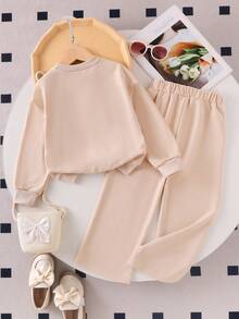 Elladie kids 两件套女童浅杏色蝴蝶结卫衣上衣和裤子套装，秋冬季，儿童时尚卡通可爱女童服装 - 卡其色 - 查看 2
