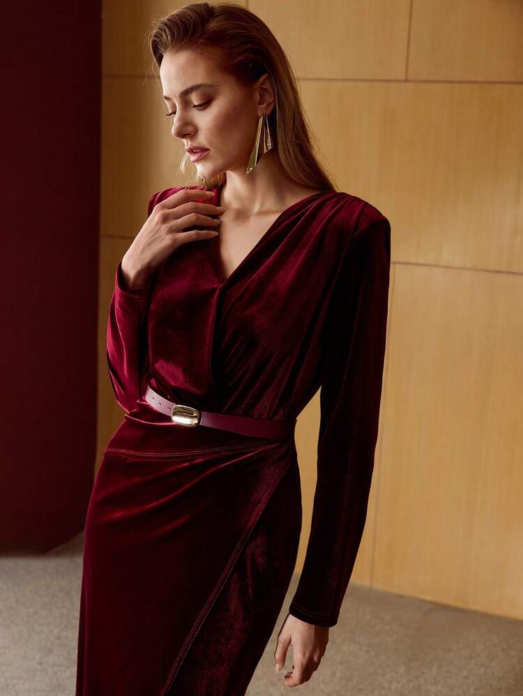 WOMEN'S ELEGANT COMMUTER VELVET BURGUNDY DRESS