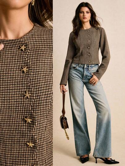 Poéselle Women's Shirt With Shoulder Pads And Metal Button Placket. Houndstooth Shirt With Shoulder Pads. Women's Jacket. Women's Blazer. Women's Casual Plaid Button-Front Shirt, Autumn Tweed Jacket Women Crop Women Brown Tops For Women Winter Jacket For Women Women's Winter Coat Fall/Winter Cozy Fall And Winter Clothes For Women Christmas New Year Women's Clothes Thanksgiving Outfit Plaid Jacket Brown Jacket