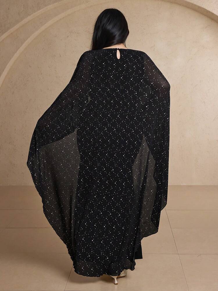 Dazy Plus Plus Size Women Crew Neck Elastic Fitted Patchwork Sequin 2 In 1 Long Dress For Party Elegant Women Dresses Prom Dress Carnival Sparkly Dress Maxi Dress