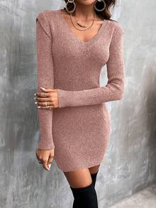 EMERY ROSE Women's Casual Solid Color Fitted Knit Dress, Autumn/Winter