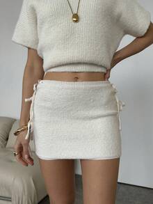 SHEIN BAE Women's Casual Side Tie Solid Color Knit Skirt,,Winter ,Women's Winter Clothes , Autumn Winter Women,Halloween,New Year,Thanksgiving Outfit For Women ,Thanksgiving Outfit For Women ,Party Outfit ,White Short Skirt, Sweater Skirt, White Skirt,