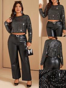 SHEIN LUNE Blusa de lujo con cuentas y lentejuelas brillantes para fiesta de música, ideal para fiestas y Año Nuevo, tallas grandes - Plateado - Ver 1