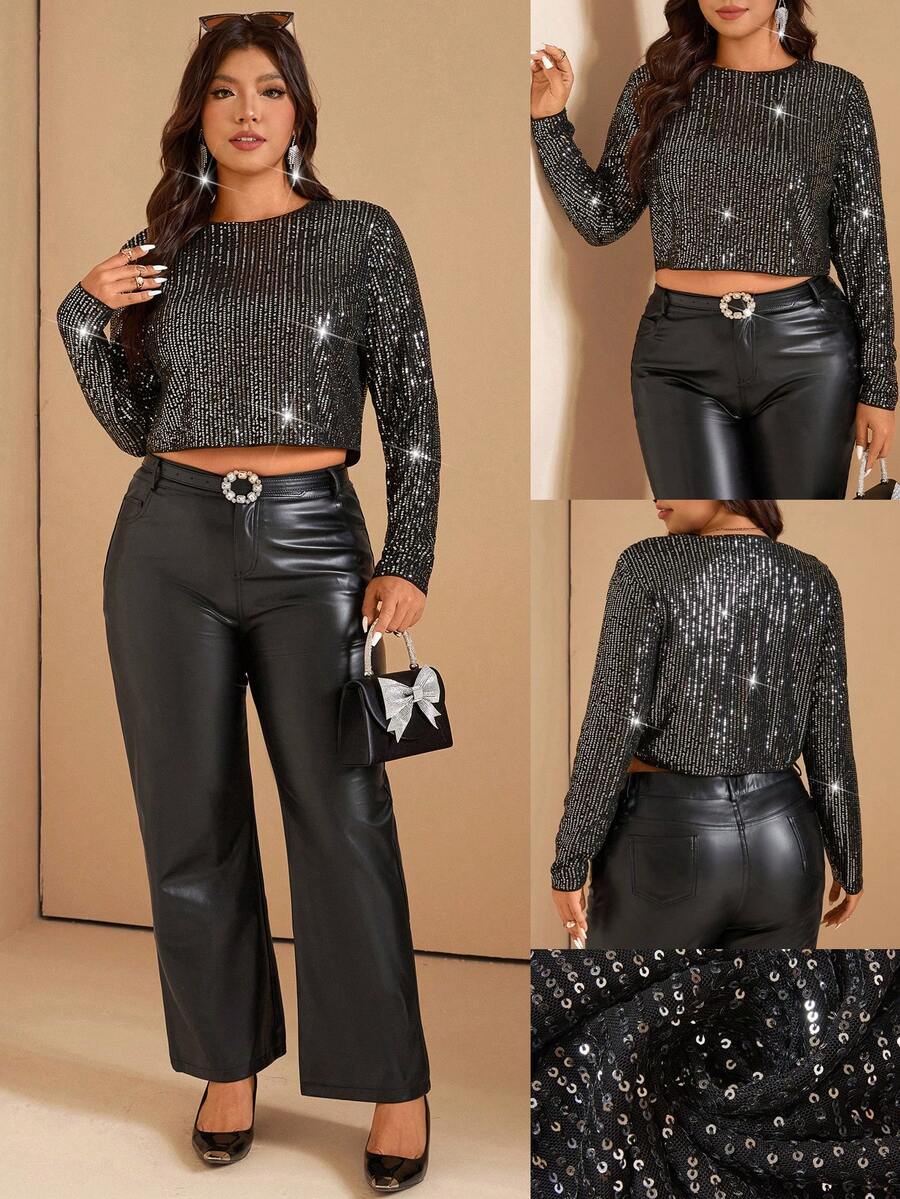 SHEIN LUNE Blusa de lujo con cuentas y lentejuelas brillantes para fiesta de música, ideal para fiestas y Año Nuevo, tallas grandes - Plateado - Ver 1