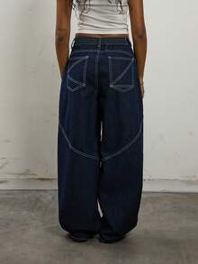 COUREZ 低腰中筒阔腿机车牛仔裤，撞色缝线细节 / Y2K 秋冬女装 秋冬女装 休闲下装 阔腿裤 外出穿搭 低腰牛仔裤 外出下装 - 深色水洗藍 - 查看 3