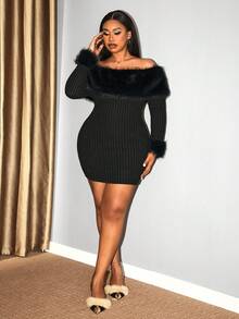 Hourglow Christmas Plus Size Elegant Commuter Fuzzy Patchwork Off-Shoulder Fitted Dress