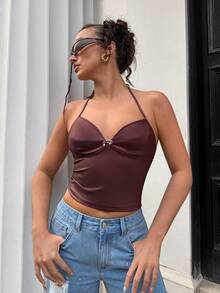 Flirla Women's Sexy Y2K Camisole Top With Metal Buckle Decor - Burgundy - View 5