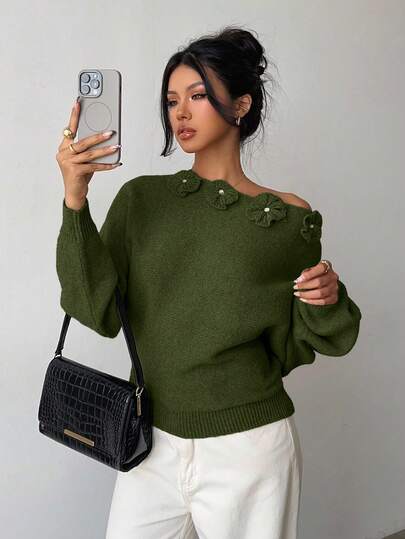 Selianne 女士优雅花卉珍珠装饰针织套头毛衣，蝙蝠袖宽松版型，军绿色，适合派对和圣诞节穿着