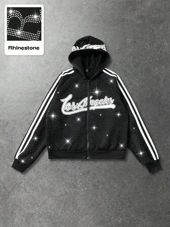 sweat-shirt à capuche zippé casual pour hommes avec patchwork de strass et rayures, automne