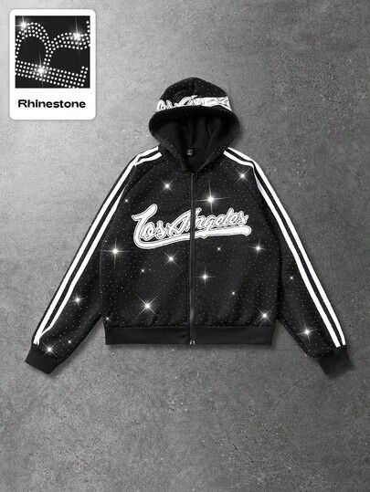 Felpa con cappuccio casual da uomo, con strisce, cerniera e applicazioni di strass, adatta per l'autunno