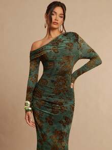 Silquee Đầm maxi dài tay ôm sát, thanh lịch, gợi cảm, chất liệu vải nhung màu xanh lá cây, cổ áo bất đối xứng và vai bất đối xứng, xếp ly, thích hợp cho Ngày Valentine, Giáng sinh, hẹn hò/dạo chơi/tiệc tùng/tụ họp, tiệc sang trọng, hẹn hò hàng ngày, đầm hẹn hò lãng mạn, đầm thanh lịch, đầm hẹn hò lãng mạn, đầm thanh lịch, đi chơi đêm, đầm dự tiệc, đầm dành cho nữ thanh lịch, đầm năm mới, đầm dự tiệc thanh lịch. - màu xanh lá - Xem 5