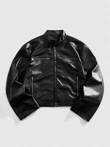 ROMWE MEN Street Life Chaqueta casual de manga larga con cremallera delantera de unicolor y de cuero sintético holgada para hombres - Negro - Ver 7