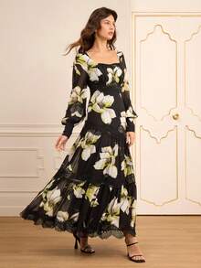 Lilora Women's Elegant Black Floral Chiffon Square Neck Long Sleeve Embroidered Lace Decoration Swing A-Line Dress,Autumn Garden Party Formal Retro Chic - Multicolor - View 2