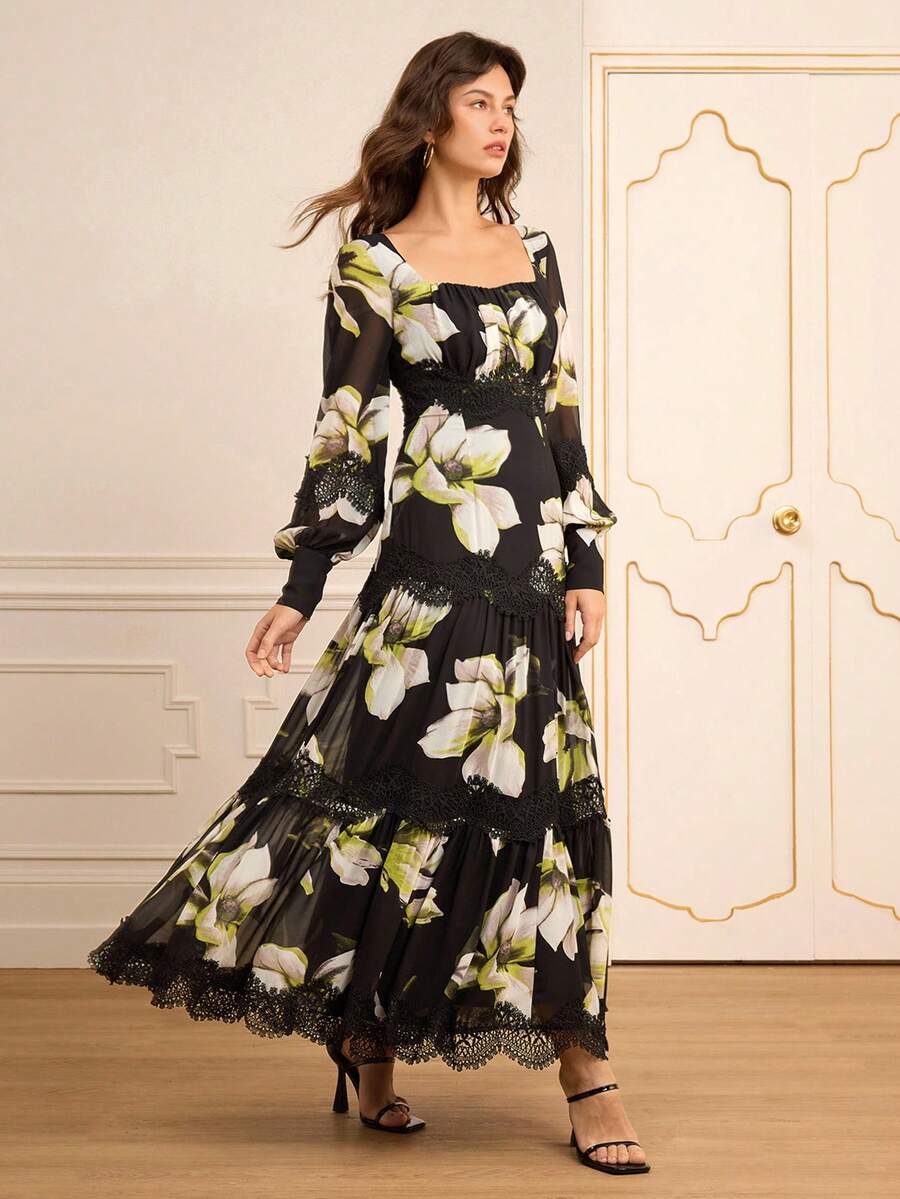 Lilora Women's Elegant Black Floral Chiffon Square Neck Long Sleeve Embroidered Lace Decoration Swing A-Line Dress,Autumn Garden Party Formal Retro Chic