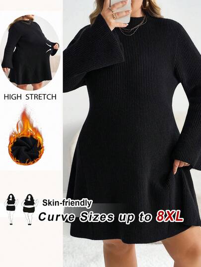 SHEIN CURVE+ 大码女式休闲黑色喇叭袖腰部收腰毛衣裙，秋冬针织毛衣