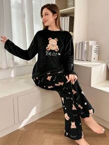 Softscene 女士毛绒熊刺绣印花长袖上衣和裤子蓬松舒适睡衣套装，秋冬款 - 黑色 - 查看 5