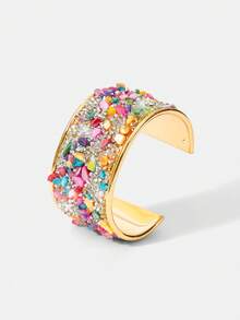 Y2Kool 1pc Metal Bangle Bracelet With Embedded Stones And Rhinestones, Lightweight And Personalized, Adjustable Opening - Multicolor - View 6