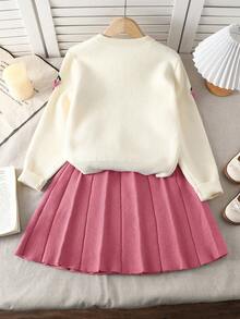 SHEIN Sparklyn مجموعة كنزة صوفية وتنورة مبطنة للبنات 2 قطعة، تشمل كارديجان بأكمام طويلة وتنورة مطوية، مريحة وقابلة للتنوع، مناسبة للارتداء اليومي والحفلات في فصلي الخريف والشتاء - وردي - مشاهدة 2