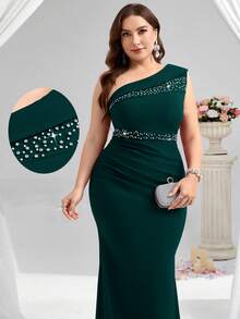 Coutiva Plus Size Dark Green Elegant Formal Cocktail Evening Party Dress,Winter Sequin And Pearl Embellished Off Shoulder Luxury Formal Party Gown For Women - Dark Green - View 1