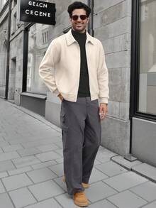 Manfinity CasualCool 男士休闲拉链夹克 米色长袖外套，冬季款 - 杏色 - 查看 4