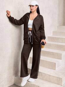 Mulvari 2pcs Set Women Raglan Sleeve Zip-Up Colorblock Elegant Cardigan And Pants - Brown - View 6