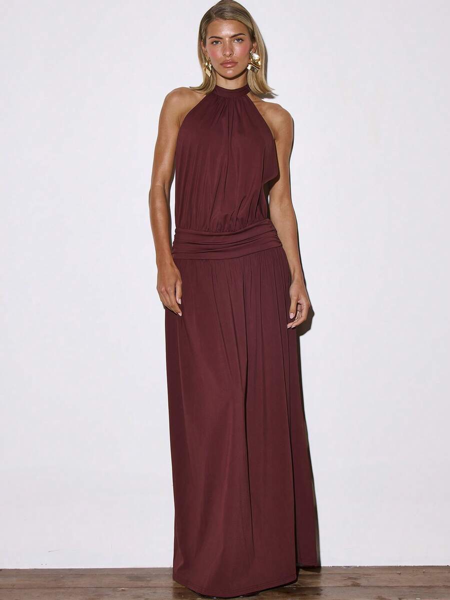 MUSERA 高领褶皱收腰露背飘逸长款连衣裙，适合夜晚外出、秋季、春夏等场合，性感优雅，甜美可爱。 - 紫色 - 查看 1