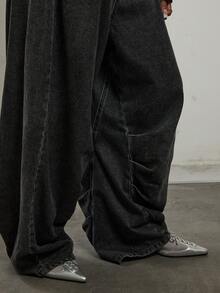 COUREZ Low Rise Baggy Balloon Fit Ruched Jeans In Dark Grey Denim Wash /Y2K Fall Winter Going Out Party New Year Sexy Low Rise Jeans - Medium Wash - View 6